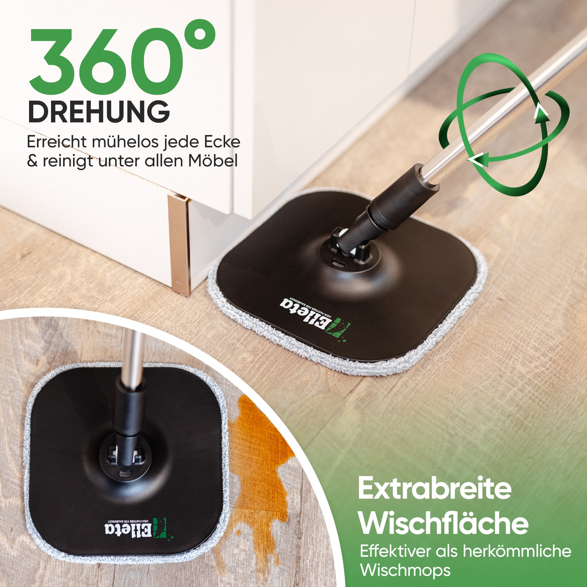 Elleta Wischmopp-Set mit Eimer – 360° Bodenwischer mit Mikrofaser-Pads & 2- Kammer-System