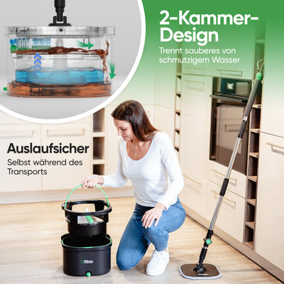 Elleta Wischmopp-Set mit Eimer – 360° Bodenwischer mit Mikrofaser-Pads & 2- Kammer-System