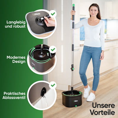 Elleta Wischmopp-Set mit Eimer – 360° Bodenwischer mit Mikrofaser-Pads & 2- Kammer-System