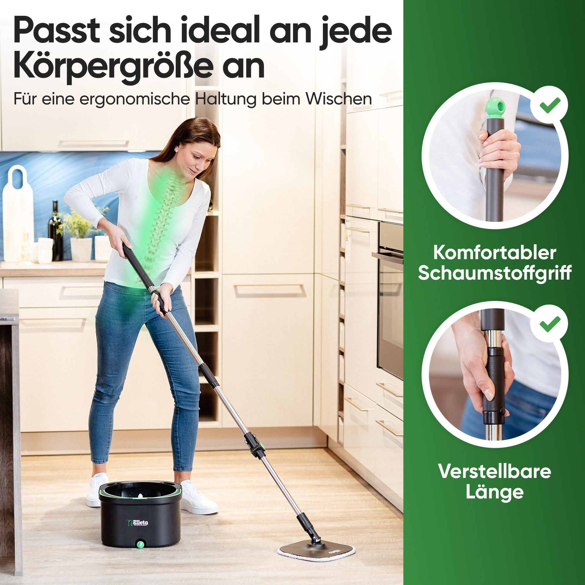 Elleta Wischmopp-Set mit Eimer – 360° Bodenwischer mit Mikrofaser-Pads & 2- Kammer-System