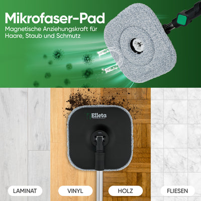 Elleta Wischmopp-Set mit Eimer – 360° Bodenwischer mit Mikrofaser-Pads & 2- Kammer-System