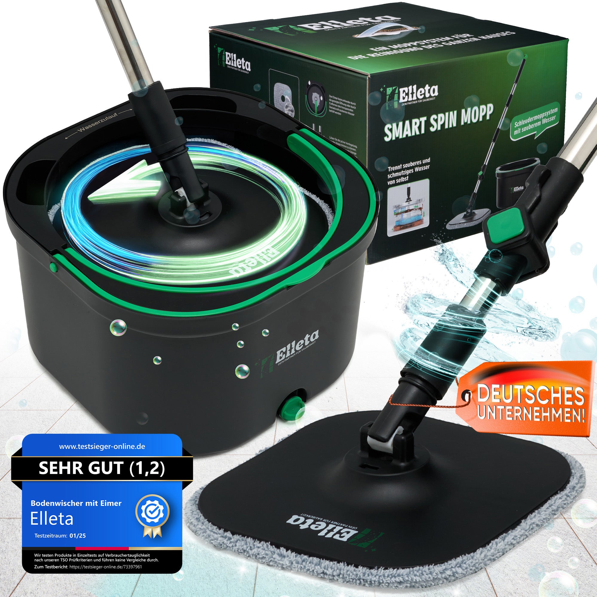 Elleta Wischmopp-Set mit Eimer – 360° Bodenwischer mit Mikrofaser-Pads & 2- Kammer-System
